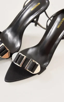 Black Satin Point Toe Double Buckle Barley There Heeled Sandals