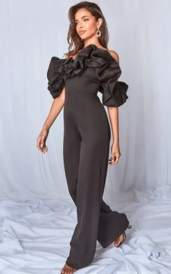 Black Satin Puffball Bardot Strappy Jumpsuit