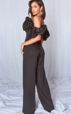 Black Satin Puffball Bardot Strappy Jumpsuit