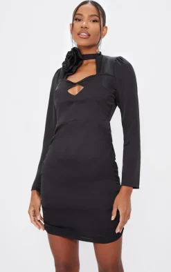 Black Satin Rose Applique Ruched Side Long Sleeve Mini Dress