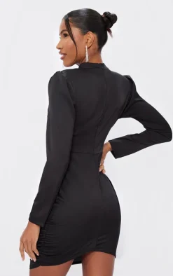 Black Satin Rose Applique Ruched Side Long Sleeve Mini Dress