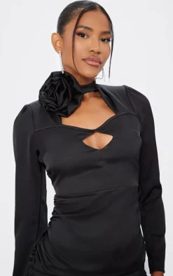 Black Satin Rose Applique Ruched Side Long Sleeve Mini Dress