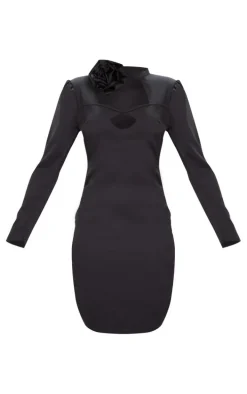 Black Satin Rose Applique Ruched Side Long Sleeve Mini Dress