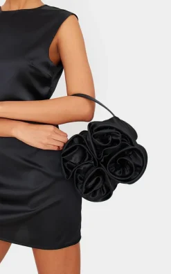 Black Satin Rose Detail Handbag