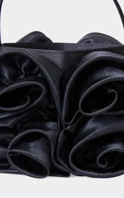 Black Satin Rose Detail Handbag