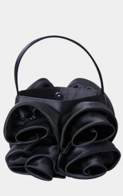 Black Satin Rose Detail Handbag