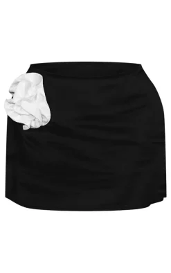 Black Satin Rose Detail Mini Skirt