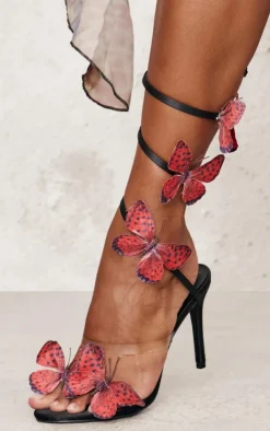 Black Satin Round Toe Butterfly Spiral Strap High Heeled Sandals