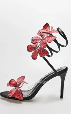 Black Satin Round Toe Butterfly Spiral Strap High Heeled Sandals