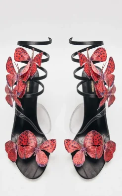 Black Satin Round Toe Butterfly Spiral Strap High Heeled Sandals