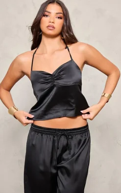 Black Satin Ruched Halterneck Tie Back Cami Top