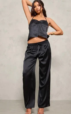 Black Satin Ruched Halterneck Tie Back Cami Top