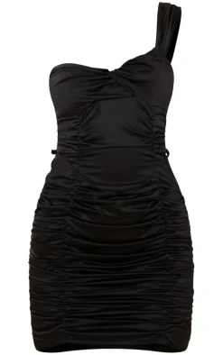 Black Satin Ruched One Shoulder Bodycon Dress