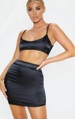Black Satin Scoop Neck Cropped Top