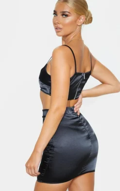 Black Satin Scoop Neck Cropped Top