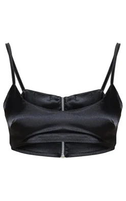 Black Satin Scoop Neck Cropped Top