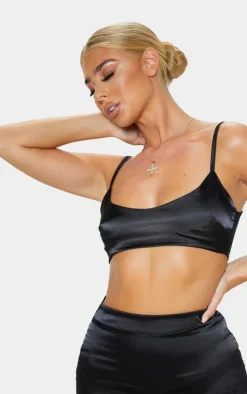 Black Satin Scoop Neck Cropped Top