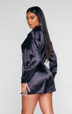 Black Satin Shirt Romper