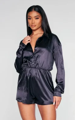 Black Satin Shirt Romper