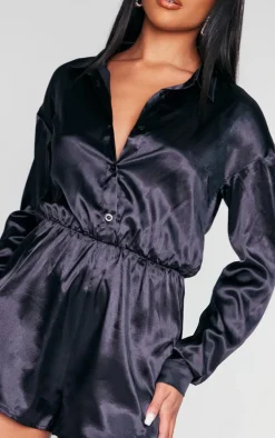 Black Satin Shirt Romper