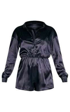 Black Satin Shirt Romper