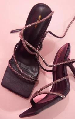 Black Satin Square Toe Diamante Strappy High Heeled Sandals