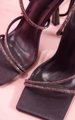 Black Satin Square Toe Diamante Strappy High Heeled Sandals