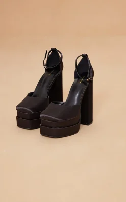 Black Satin Square Toe Double Platform Heeled Sandals