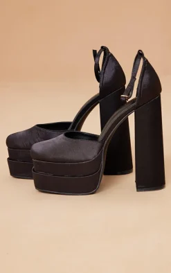 Black Satin Square Toe Double Platform Heeled Sandals