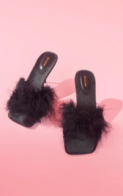 Black Satin Square Toe Feather Low Heeled Mule Sandals