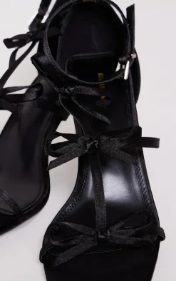 Black Satin Square Toe Multi Bow High Heeled Sandals