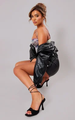 Black Satin Square Toe Twisted Knot Lace Up Heeled Sandals