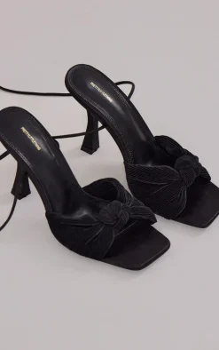 Black Satin Square Toe Twisted Knot Lace Up Heeled Sandals