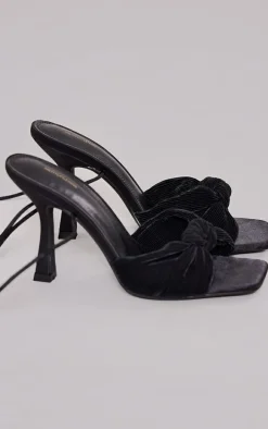 Black Satin Square Toe Twisted Knot Lace Up Heeled Sandals