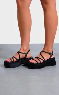 Black Satin Strappy Cut Out Flatform Sandals