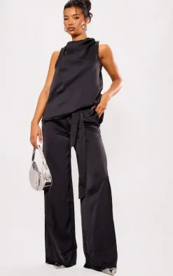 Black Satin Tailored Belted Wide Leg Pants