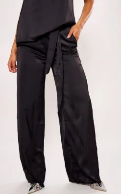 Black Satin Tailored Belted Wide Leg Pants