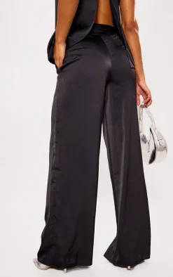 Black Satin Tailored Belted Wide Leg Pants