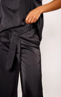 Black Satin Tailored Belted Wide Leg Pants