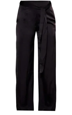 Black Satin Tailored Belted Wide Leg Pants