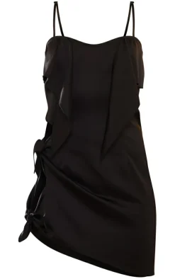 Black Satin Tie Detail Cut Out Strappy Bodycon Dress