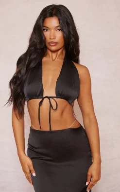 Black Satin Tie Front Triangle Bralet