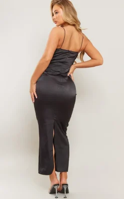 Black Satin Underwired Strappy Cut Out Midaxi Dress