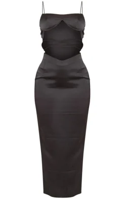 Black Satin Underwired Strappy Cut Out Midaxi Dress