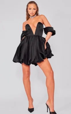 Black Satin V Bar Plunge Bardot Puff Ball Dress