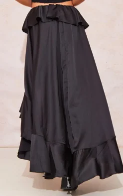 Black Satin Waterfall Front Maxi Skirt