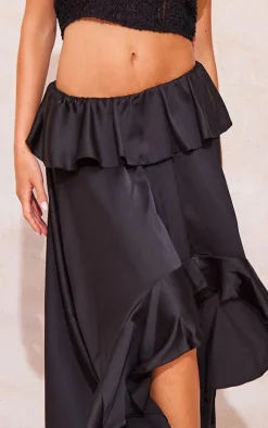Black Satin Waterfall Front Maxi Skirt