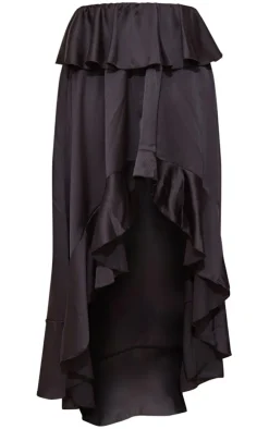 Black Satin Waterfall Front Maxi Skirt