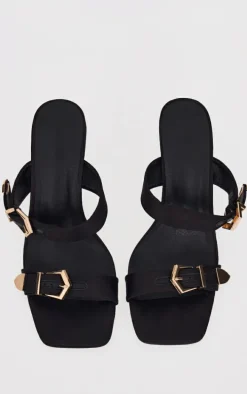 Black Satin Wide Fit Square Toe Buckle Strap High Stiletto Heeled Mules