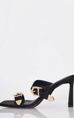 Black Satin Wide Fit Square Toe Buckle Strap High Stiletto Heeled Mules